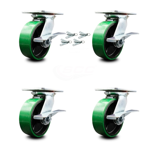 6 Inch Poly on Cast Iron Caster Set with Roller Bearing and Brakes/Swivel Locks